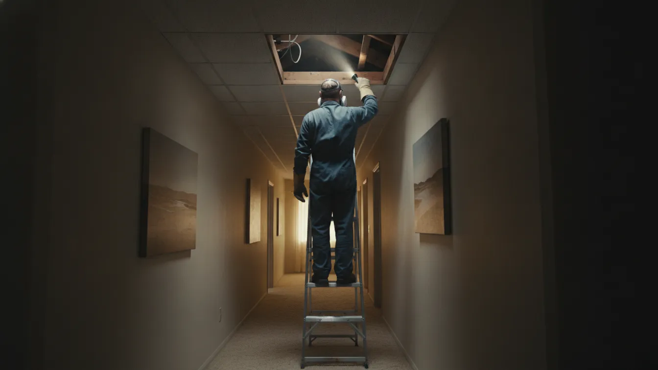 A worker at an attic hatch in a hallway with a flashlight
